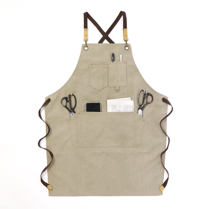 

High quality washed canvas apron tailor work barista apron with multi-function pocket, Gray