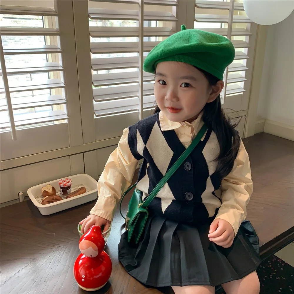 

2022 autumn Korean design infant kids girls beige blouse knitted vest toddler baby pleated skirt casual outfit MK071203529