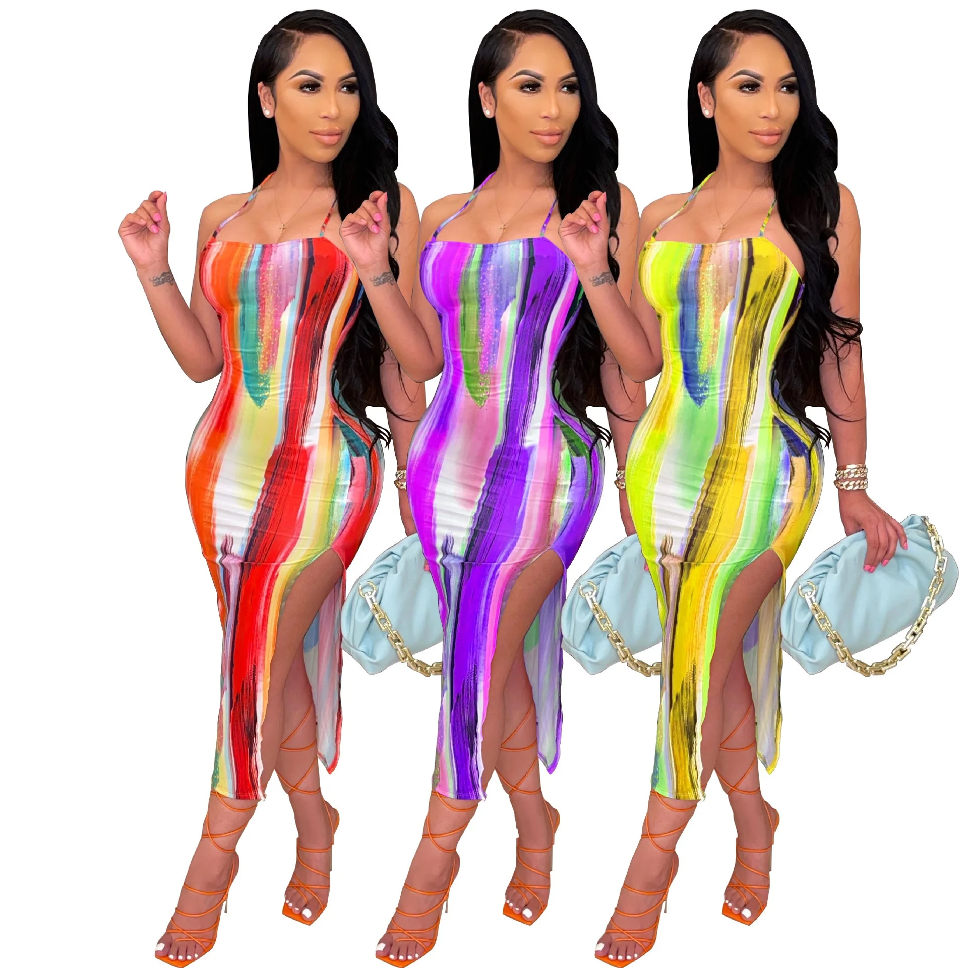 

B64249A Women Fashion Tie-dye Colorful Print Hanging Bandwidth Loose Dress Plus Size Girl Casual Elegant Maxi Apparel, Shown
