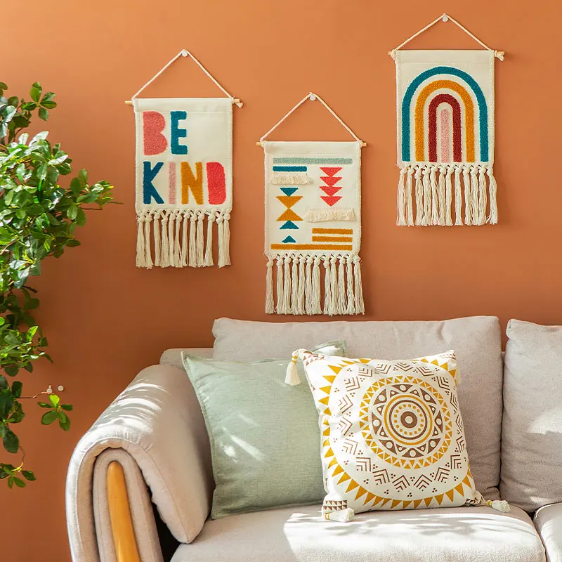 

2021 new style cotton printing tufted white fabric colorful embroidery kids room decor bedroom wall hanging tapestry with tassel, 3 design as picture