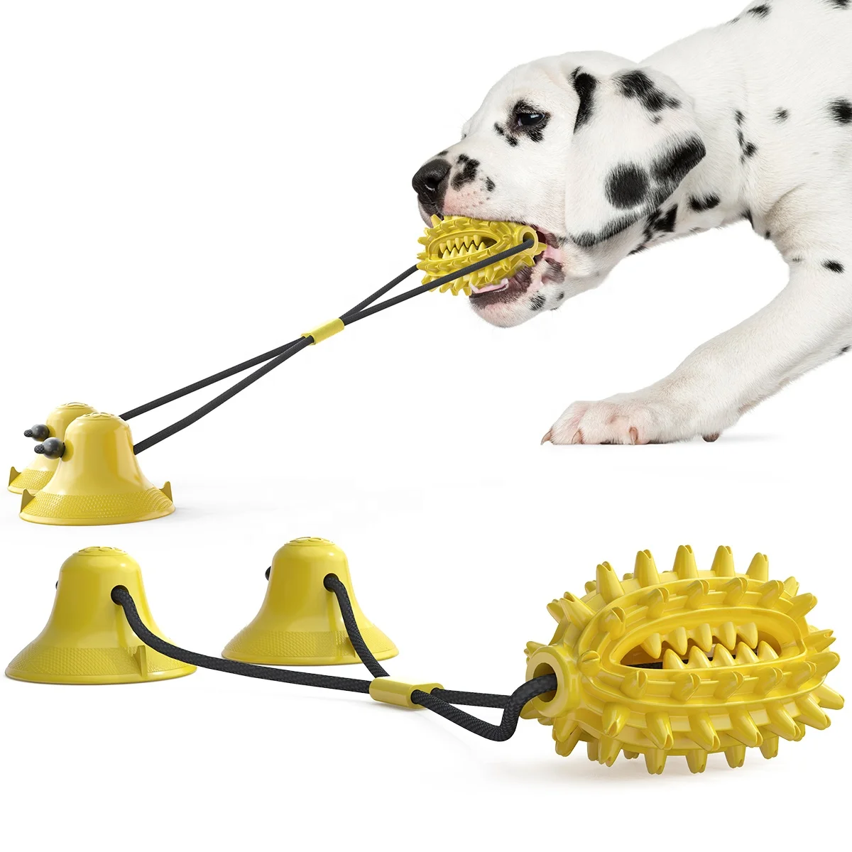 

Secure food leaking snack stuffed intelligence teeth grinding chewing 2 suction cups durable rope ball dog activity squeaky toys, Yellow,green,blue