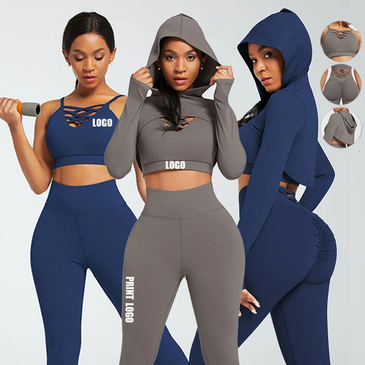 

Custom Logo Scrunch Butt 3 Piece Activewear Hoodies Long Sleeve Crop Top 2021 Women Yoga Set