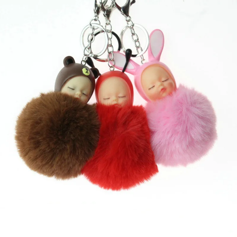 

Bag Chaveiro Pompon Sleeping Baby Doll Keychain Women Fluffy Pompom Key chain llaveros pom pom keyring Key Holder