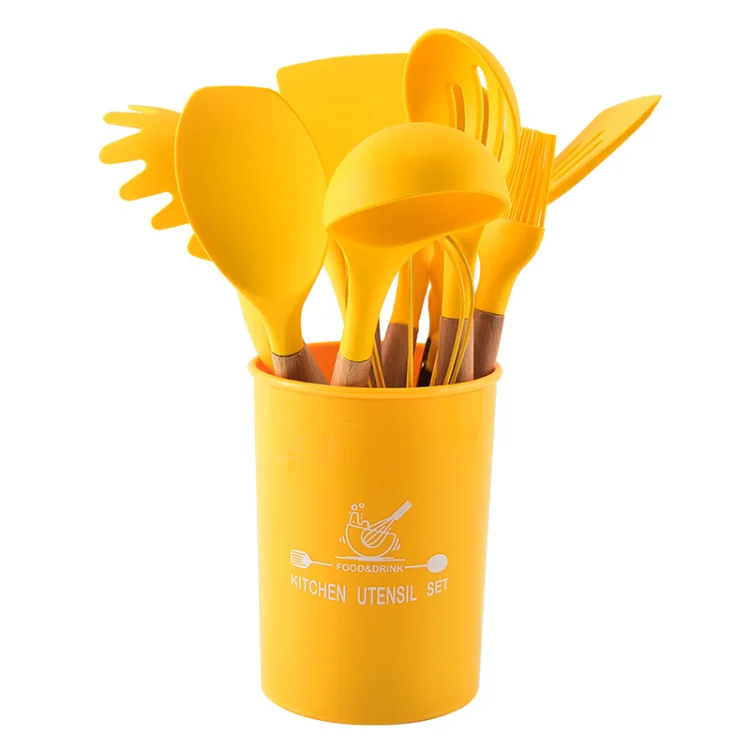 

Wooden Handle BPA Free 12 pcs Yellow Color Silicone Cooking Kitchen Utensil Set