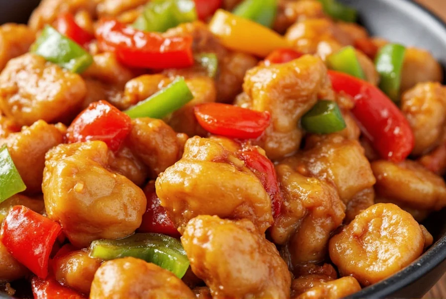 Close-up of Panda Express Pepper Chicken showing diced chicken breast with colorful bell peppers and onions in glossy sauce