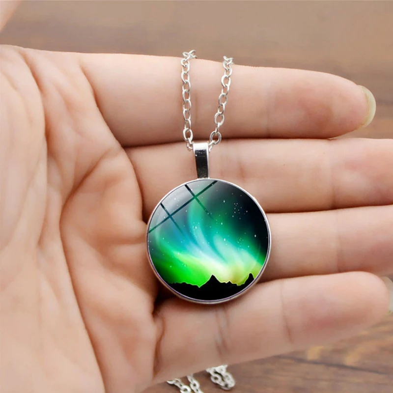

Green Pendant Glass Cabochon Northern Lights Aurora borealis Necklace, As picture show