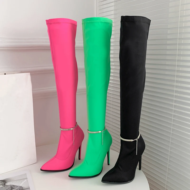 

Over The Knee Boots Women Thigh High Boots Metal Chain Pointed Toe Shoes Lady Winter Fluorescent Color High Heels Shoes