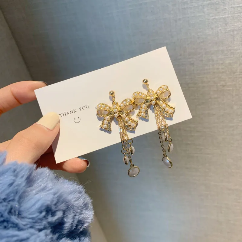 

JUHu S925 Silver Needle French Retro Baroque Pearl Earrings Bowknot Long Tassel Earrings Court Style Femininity, Silver needle, screw ear clip