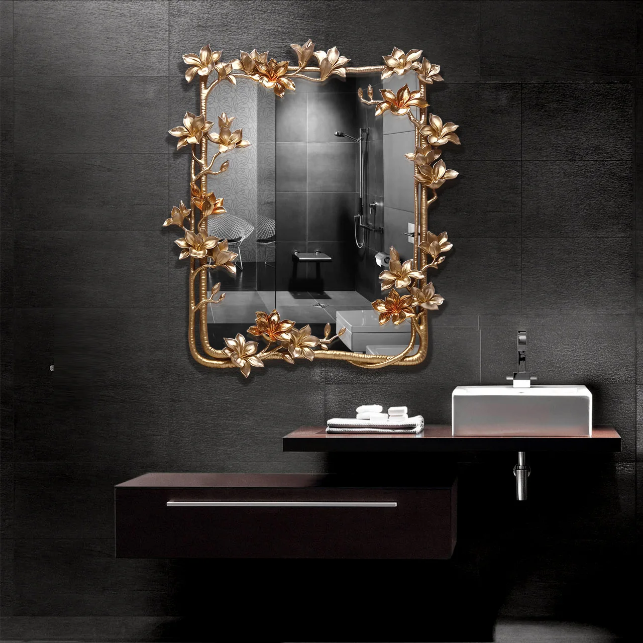 

2021 new design graceful metal wall art mirror for hotel modern fashion irregular mirror wooden interior decorations