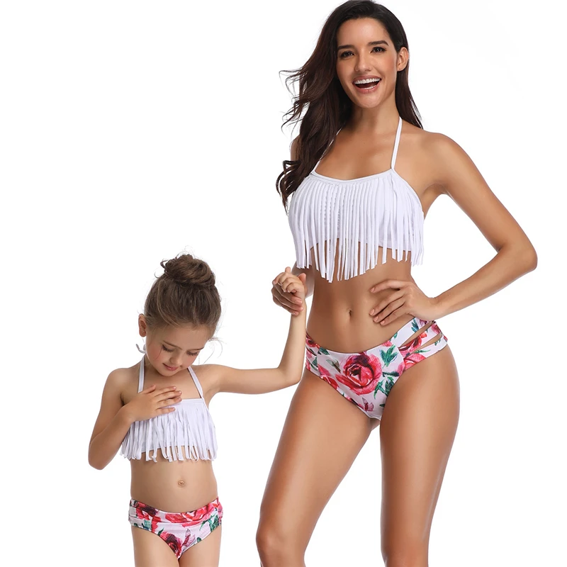 

White fringed parent-child mother daughter swimsuit bikini