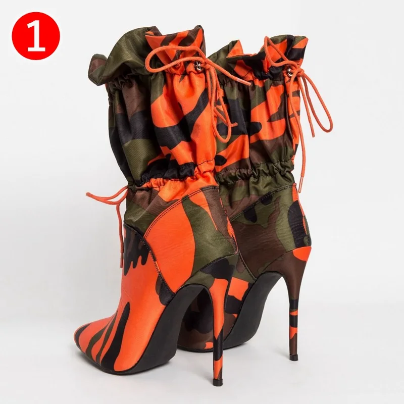 

High Thin Heels Boots for Women 11cm Stilettos Fashion Camouflage Ankle Boots Woman Lace Up Sexy Chic Night Club Shoes