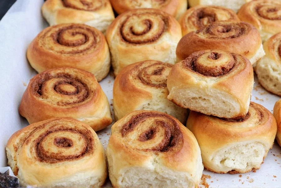 The Hive Bakery counter display showing fresh cinnamon rolls arranged in a circular pattern with visible cinnamon swirls and honey glaze