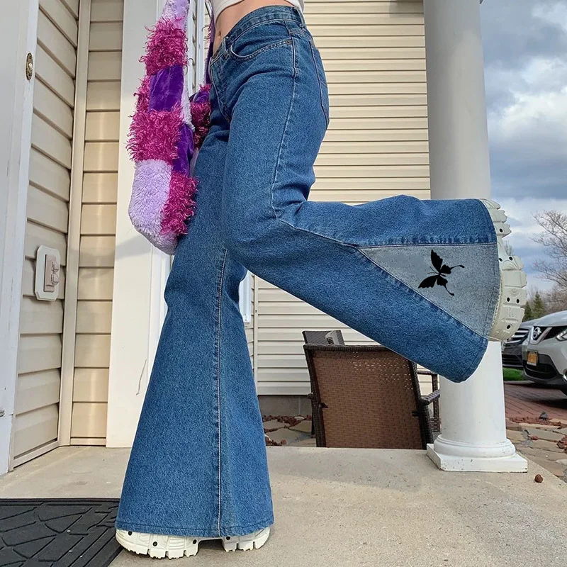 

new women's pants fashion flare denim trousers bottom butterfly printed wide leg jeans pants, Blue
