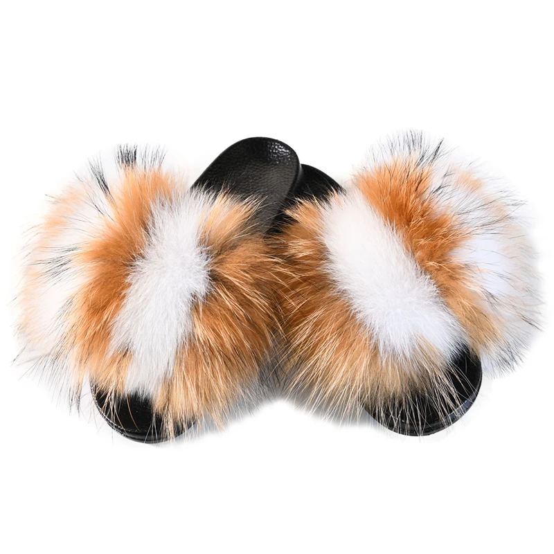 

2021 Genuine Fluffy Women Street Fancy Colors Wholesale Real Raccoon Fur Slides