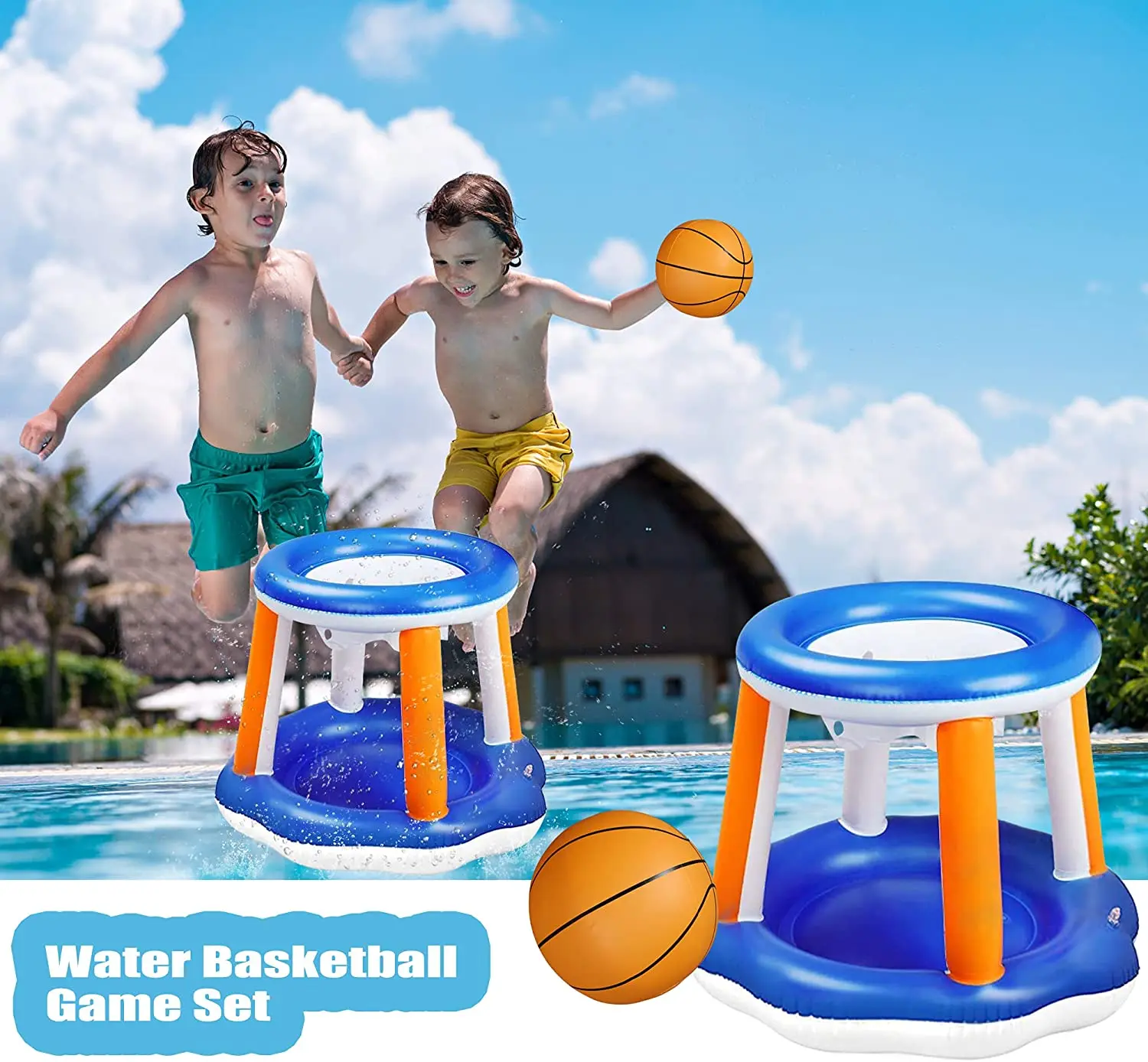 

Inflatable Pool Float Set Volleyball Net and Basketball Hoops Floating Pool Swimming Game Toys