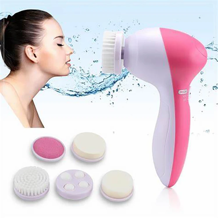 

Replaceable Exfoliator 5 in 1 Cleaning Face Massager Electric Cleanser Spin Facial Cleaning Brush, Pink purple blue red