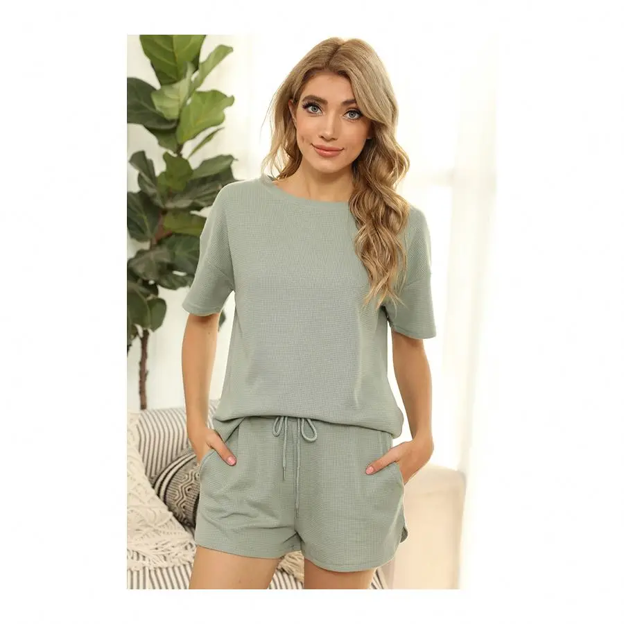 

2021 New Style Lounge Wear Women Short-Sleeve 2 Piece Pajama Set Women's Sleepwear Cotton, Picture shows