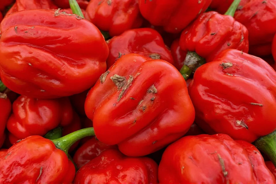 Close-up photograph of Carolina Reaper peppers showing their distinctive red color and gnarled texture with small spike