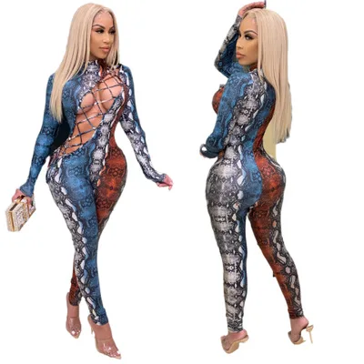 

Autumn Fashion Women Snake Skin One Piece Hollow Bandage Bodycon Jumpsuit