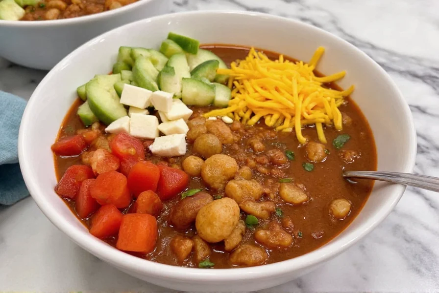 Finished potato chili served in bowl with toppings