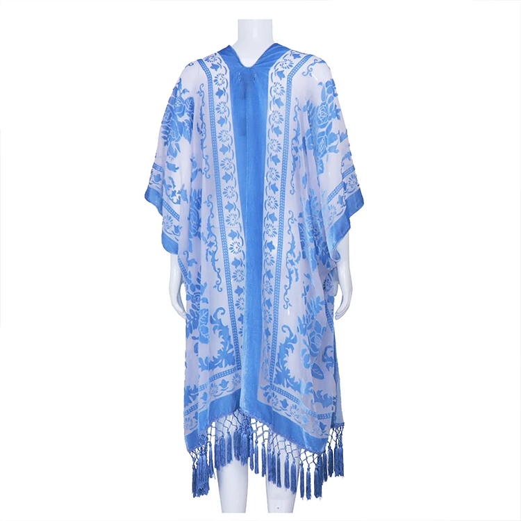 
Wholesale Ladies tassel blouse Burnout velvet kimono 
