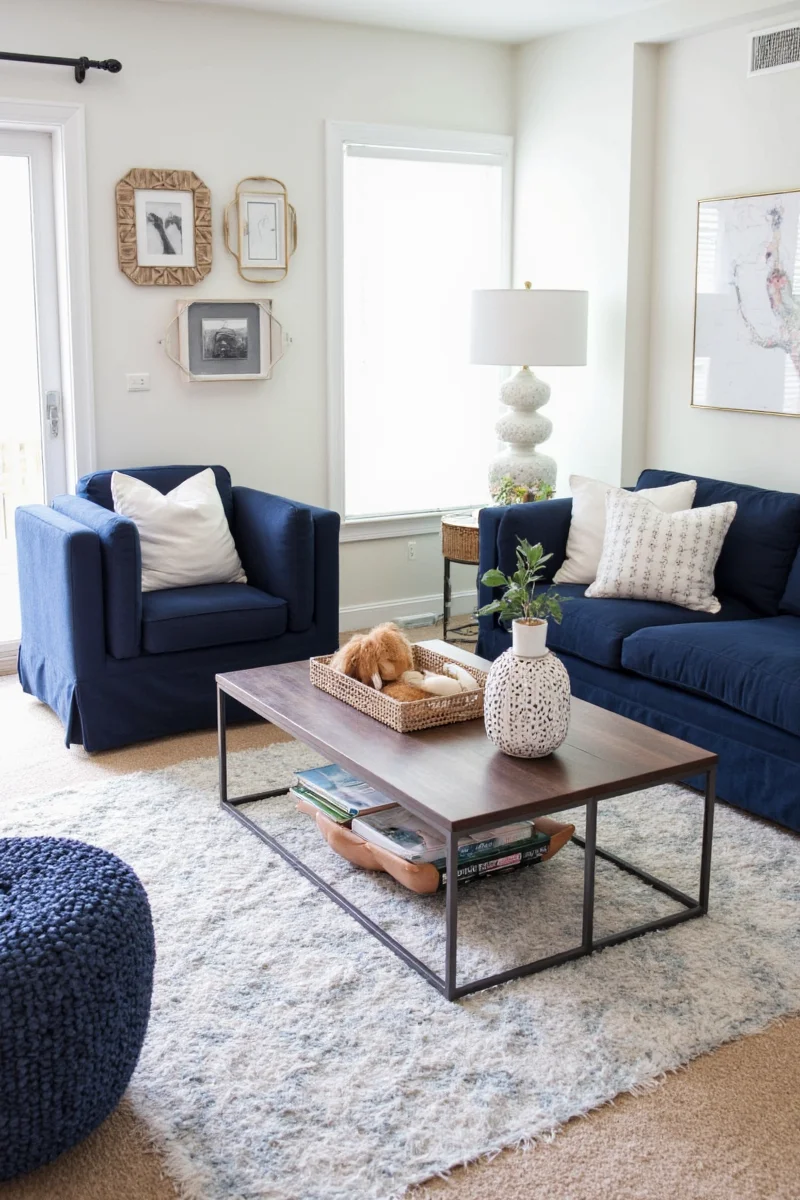 Navy blue pendant light over a dining table