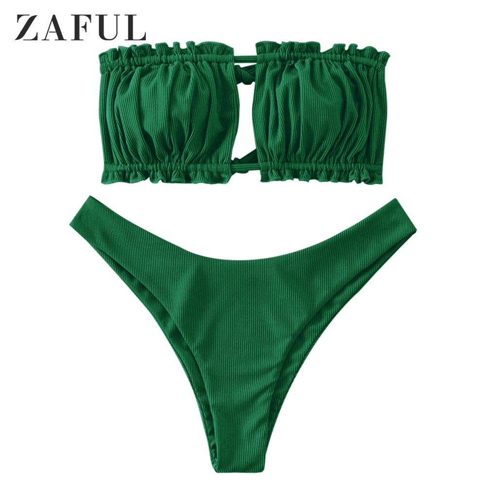 

ZAFUL Ribbed Tie Cutout Bandeau Bikini Set For Women, Silk blue, black, red wine, medium sea green