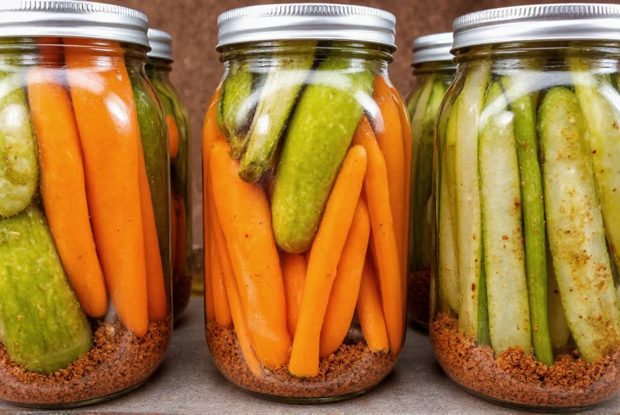 Various pickled vegetables in mason jars with different spice blends visible in the liquid