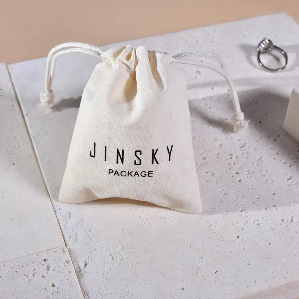 

JINSKY 2020 high-end linen jewelry storage bag custom beige drawstring jewellery storage pouch