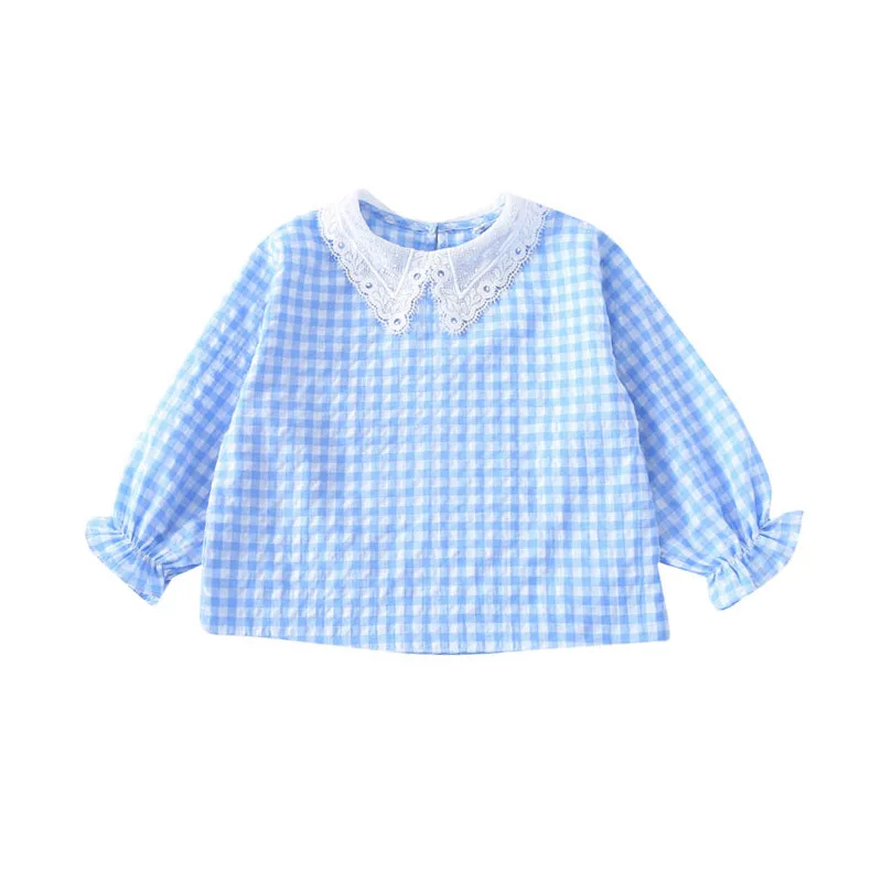 

Girls' shirts long sleeves and spring clothes new fashion children's Korean lace collar plaid shirts