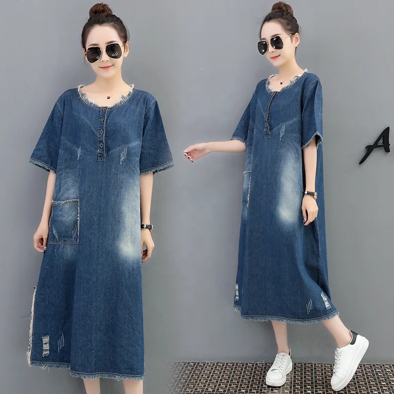 

B62536A Euramerican style 2020 summer new Korean version of large size loose fur edge long denim dress