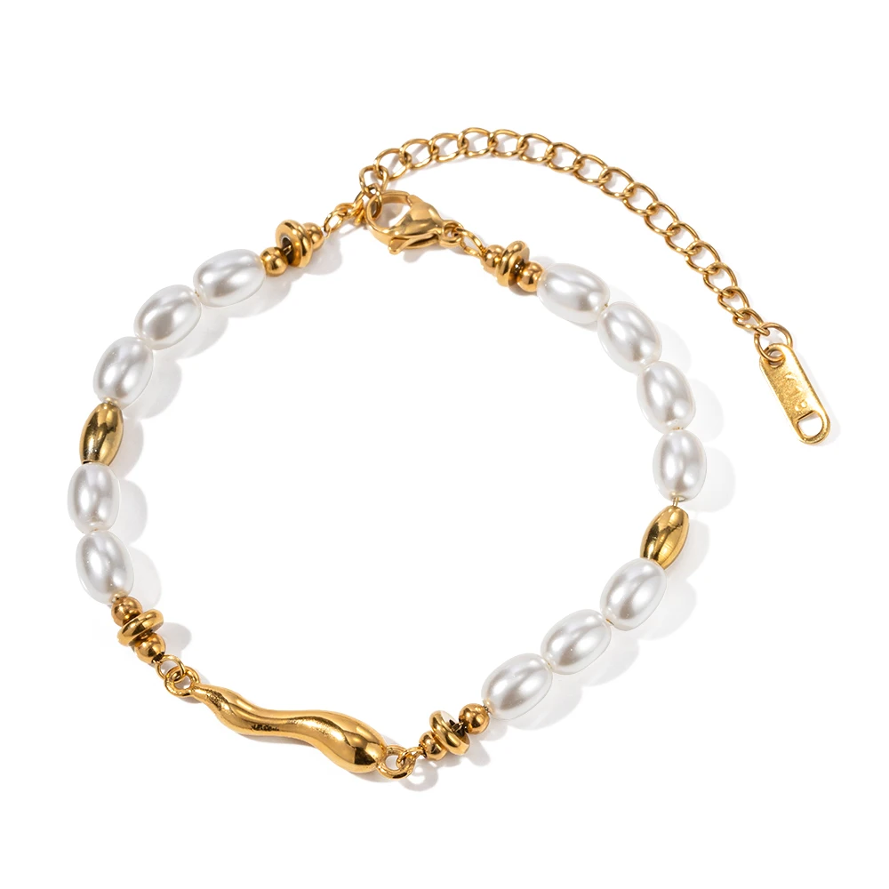 

Glass Pearl Beads Chain Bracelet Jewelry Gift 18k Gold Plated Stainless Steel Simple Daily Bracelet For Women
