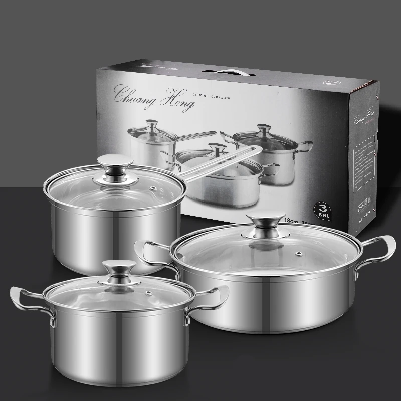 

Promotional Gift Sandwich Bottom Glass Cover Kitchen Pot 6pcs Tri-ply Stainless Steel 201 Cooking Pot nonstick cookware sets