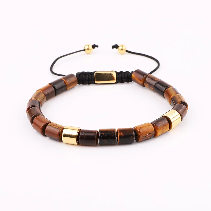 

Renting Jewelry New Design Natural Tiger Eye Stone Tube Stainless Steel Beads Macrame Adjustable Bracelet Men