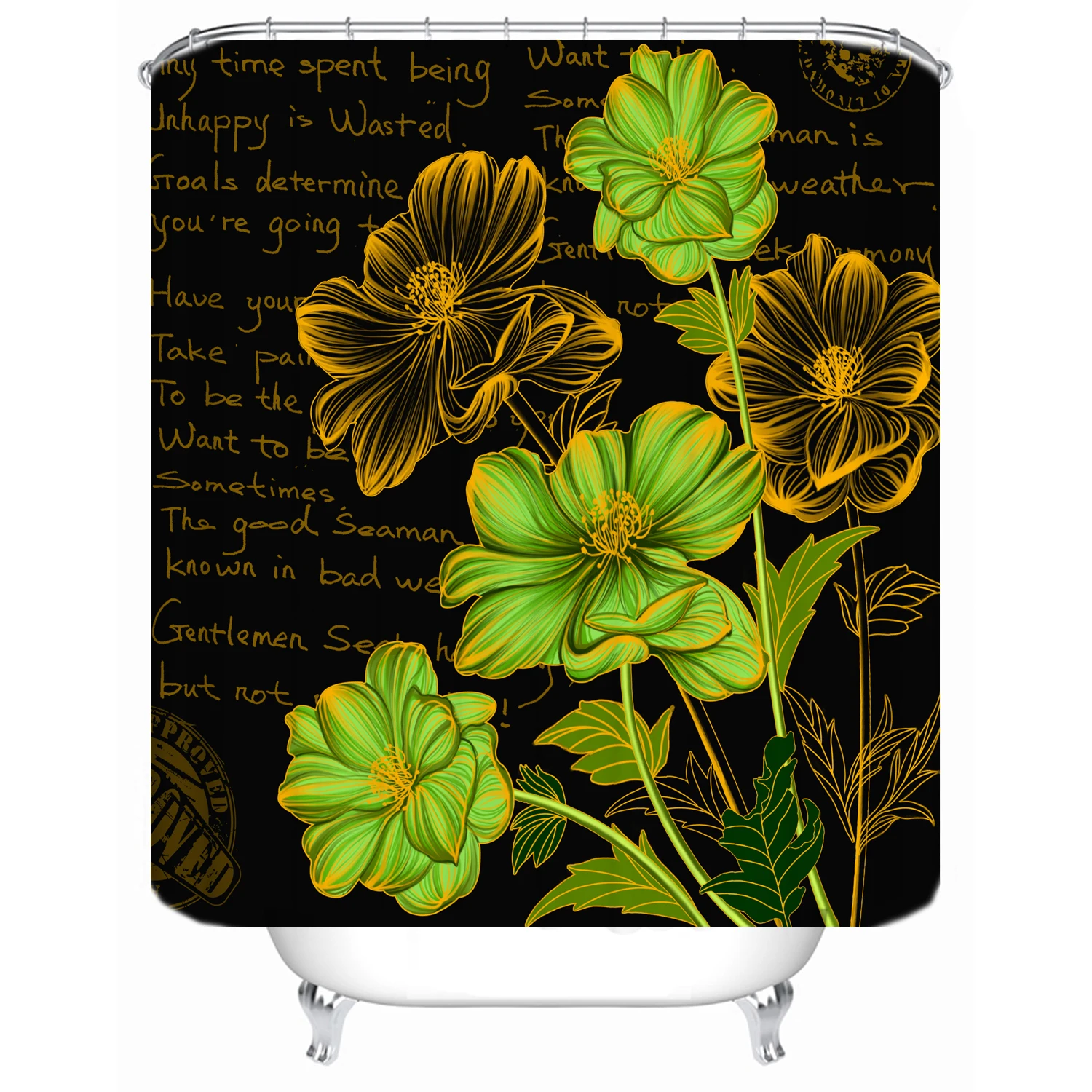 

180cm x 180 Waterproof Cloth Lining Cover Bathtub Bathroom Curtain Gold Green Flowers Customizable Printing Shower Curtain, Picture