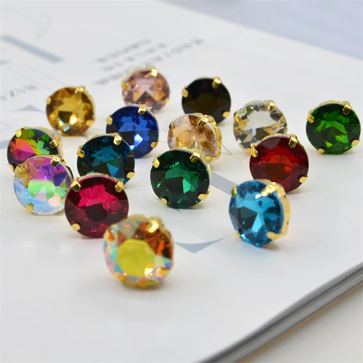 

Wholesale gold bottom colorful shiny glass gem large round flat back sew on rhinestone with claw