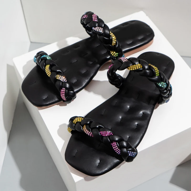 

Fashion Square Toe Weaving Rhinestones Flat Heel Slippers Women 2021 New Summer Cozy Leisure Beach Shoes Slides Sandals