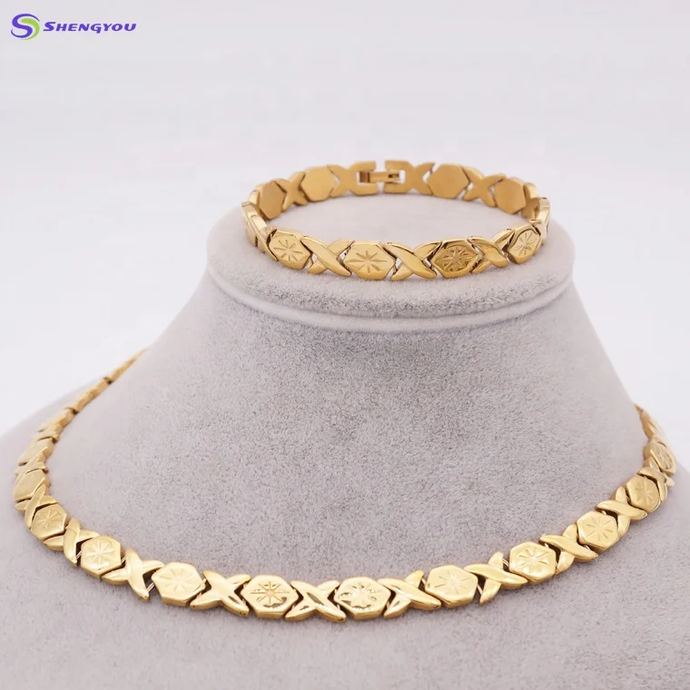 

XO Diamond Pattern Jewelry Set Stainless Steel X Hexagon Necklace Sets, Gold