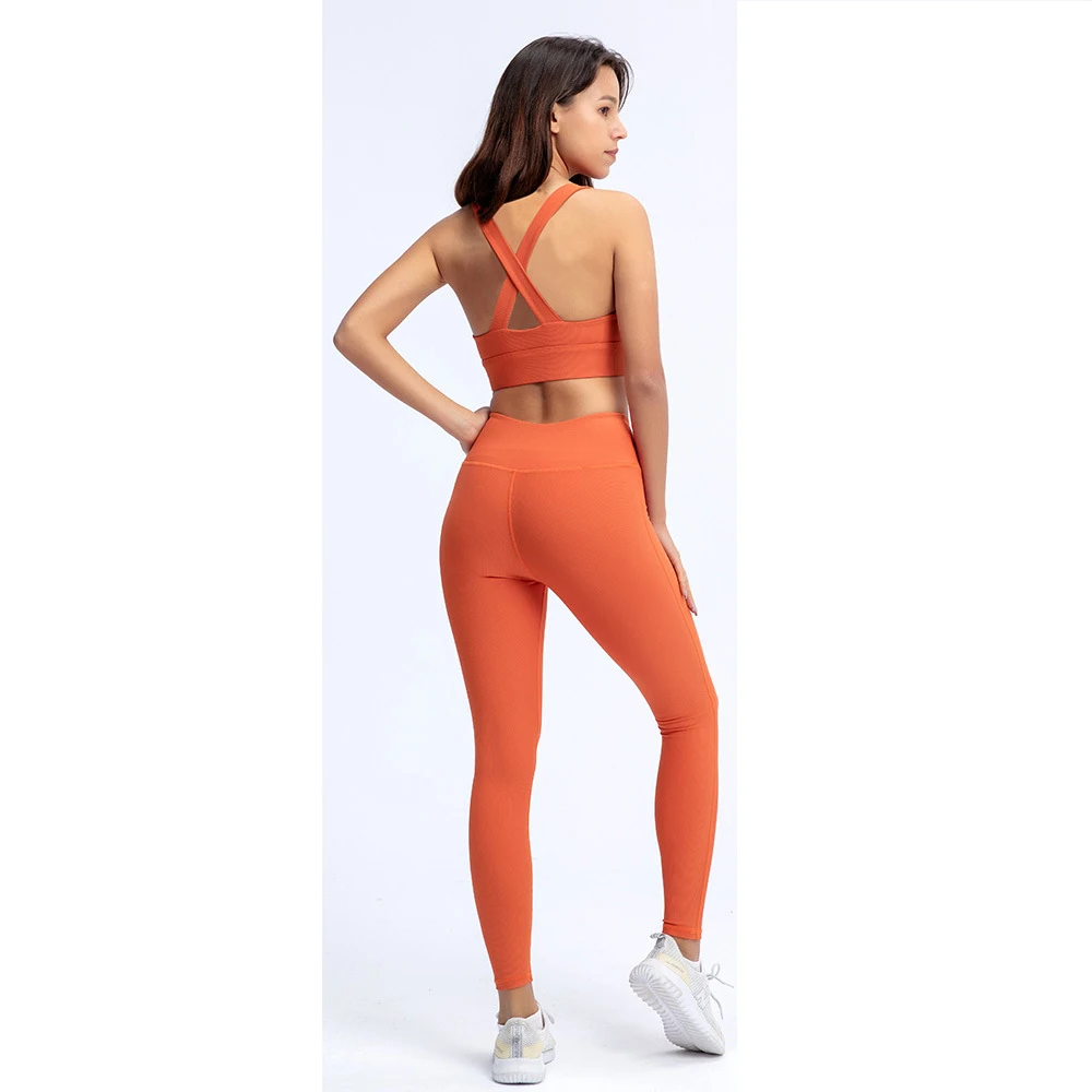 

Solid Colors Striped Fitness Running Woman Stretch Seamless Ribbed Fabric Yoga Set, 5 colors