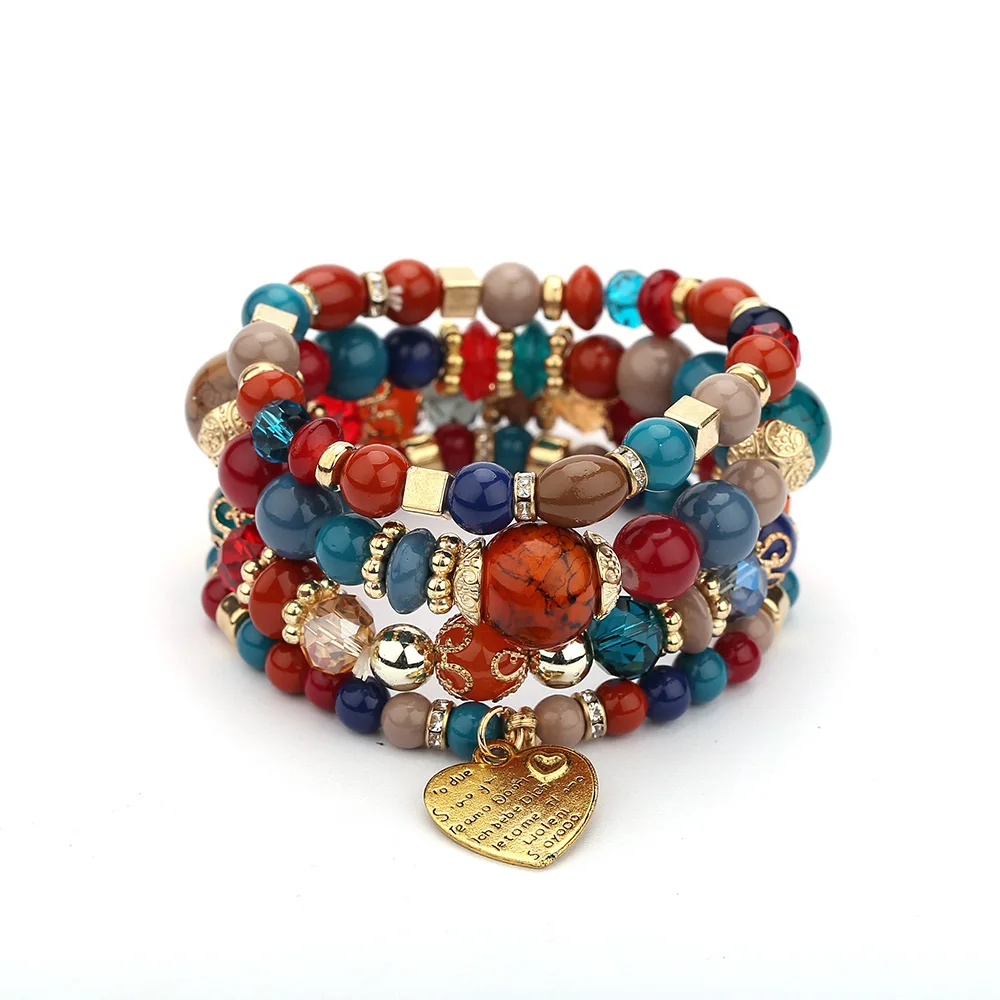 

Hot Selling Multilayer Crystal Heart Handmade Elastic Bead Bracelets Tassel Bohemian Bracelet Sets for Women, Picture shows