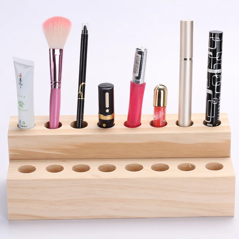 

Cosmetic Storage Box Make-up Brush Container Wooden Lipstick Display Rack, Natural