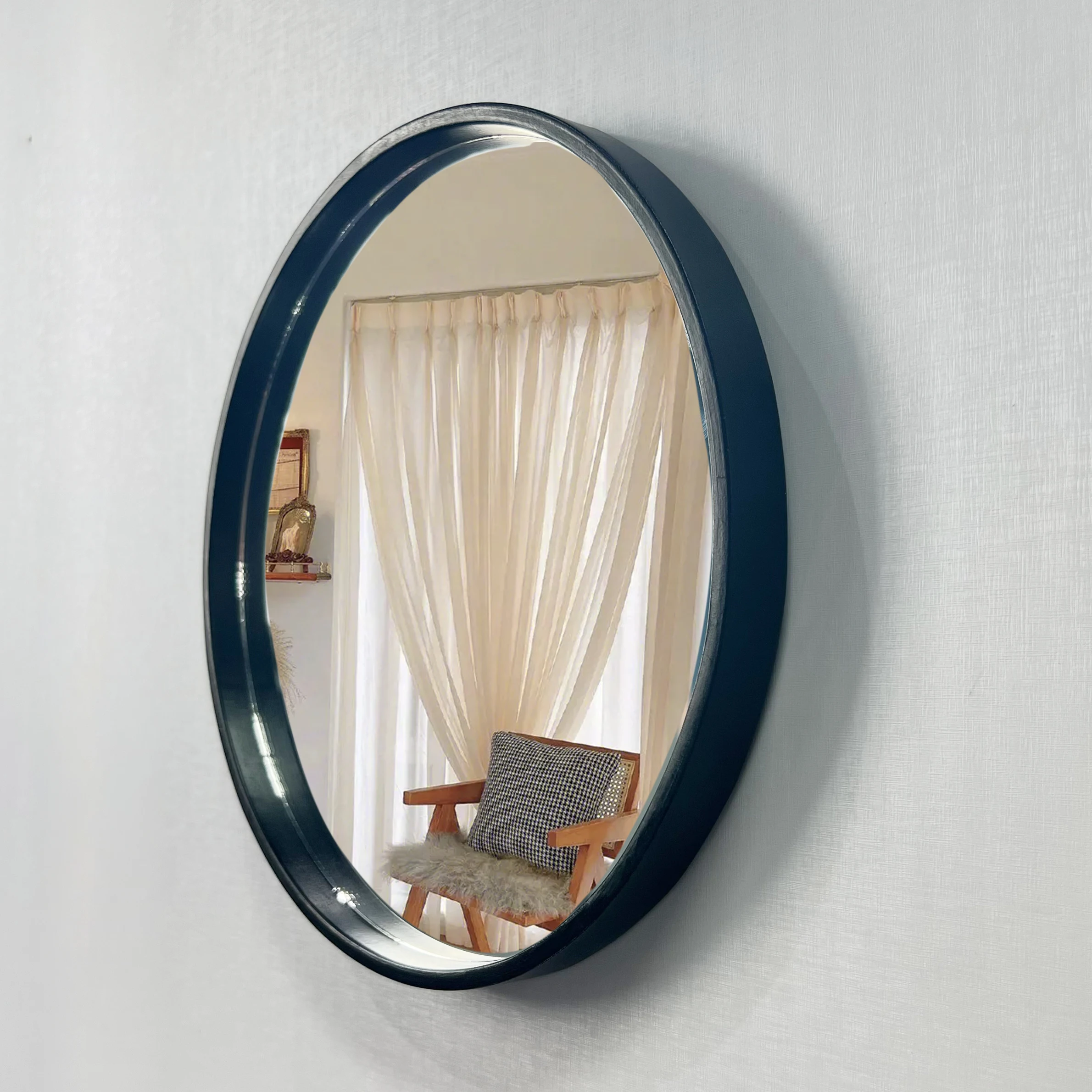 30cm Wood Modern Round Glass Custom Frame Round Vanity Mirror Bedroom Bathroom Wall Decoration Hanging Mirror