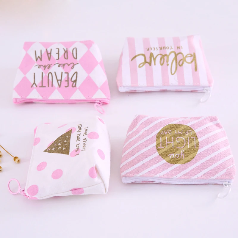 

New Small Change Purse Pink Canvas Fashion Zipper Wallet Cute Coin Purse Women