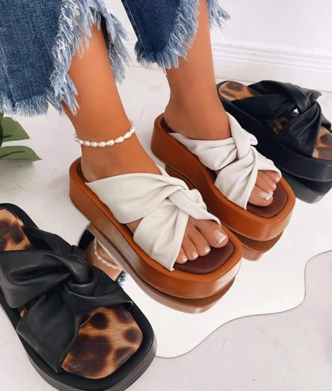 

2022 Summer Ladies Bow Thick-soled Sandals Open-toed Muffins And Lazy Drag Casual Outside Outdoor Beach Slippers, As pictures