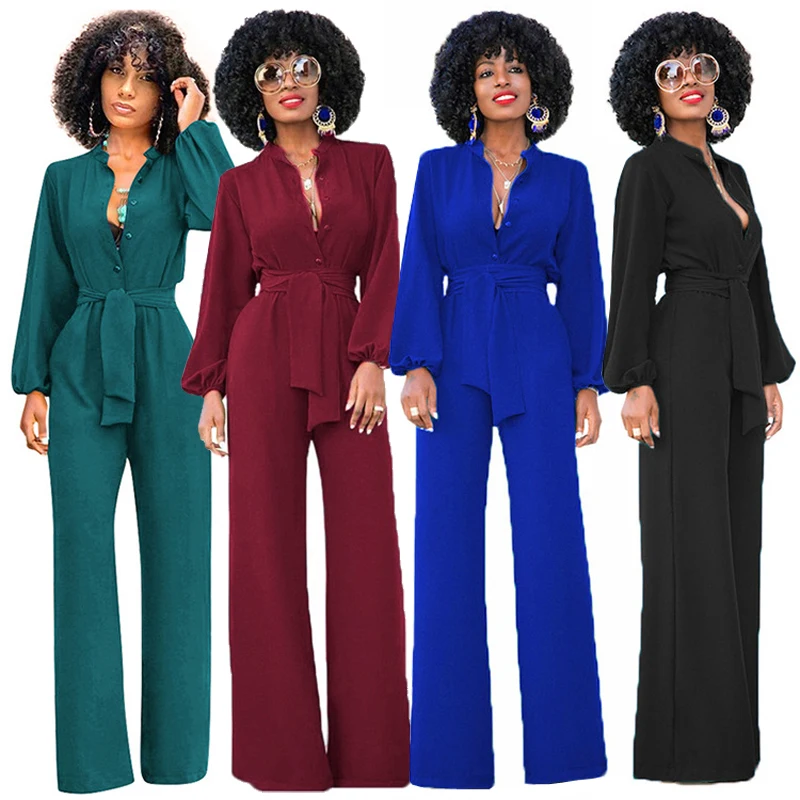 

Wholesale Winter Autumn Long Sleeve Wide Leg Solid Color Slim Office Formal Jumpsuit For Women, 4 colors