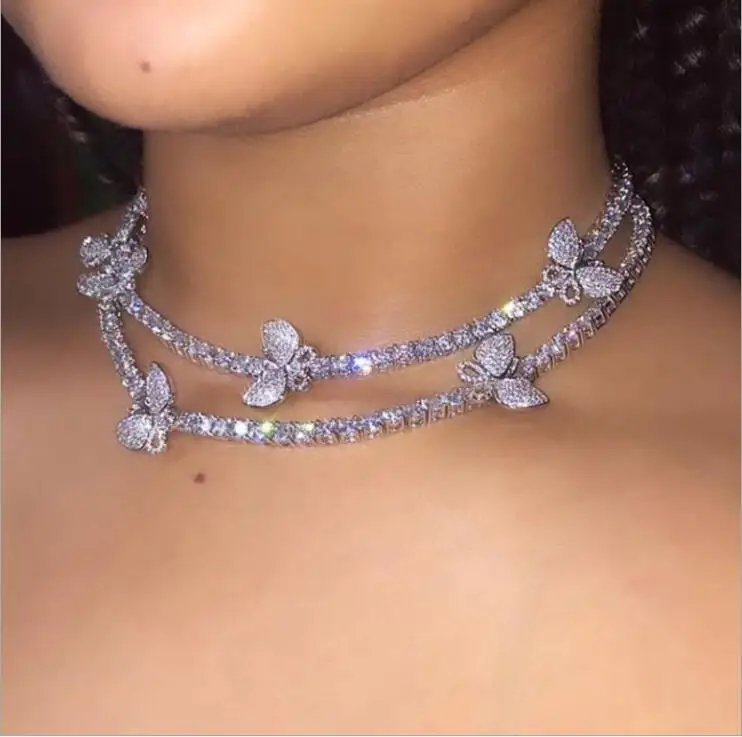 

Shiny Crystal Tennis Chain Butterfly Choker Necklace Hip Hop Small Animal Necklace Iced Out Chain Butterfly Jewelry, Colors