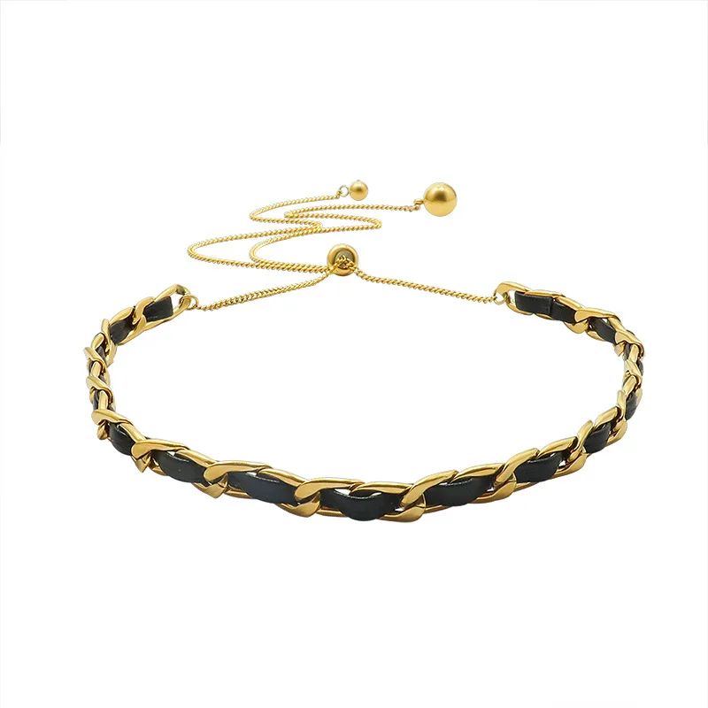 

Adjustable Gold Plated WOMEN Choker Stainless Steel Leather Rope Chain Tassel Jewelry Chain Drawstring Necklace