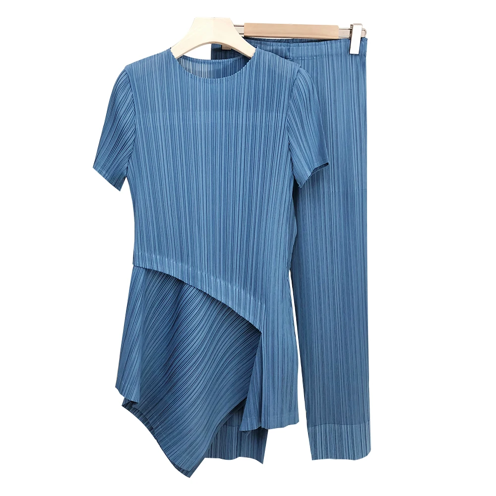 

FXZ Hot style girl's two-piece sets short sleeve casual crop top trousers solid color pleated ladies irregular suits, Customized color