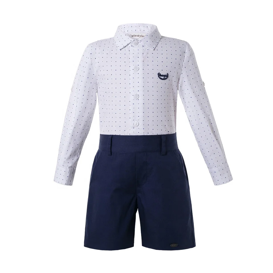 

2021 New Arrival England Style Kids Boy Summer Clothing Set Longleeve White Shirt And Black Shorts Set, Blue