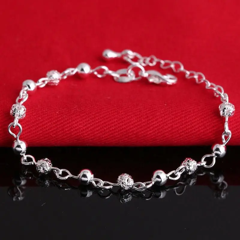 

Hollow Bead Chain Stitching Bracelet Frosted Round Bead Women's Bracelet, Silver